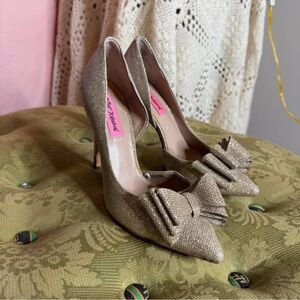 Betsey Johnson Sparkling Gold Heels with Bow Accent